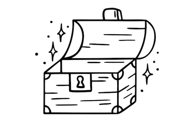 Un cofre de tesoros vacío dibujado a mano con un icono, un dibujo de contorno, un cofre de Tesoros vacío, una línea, un símbolo clipart.