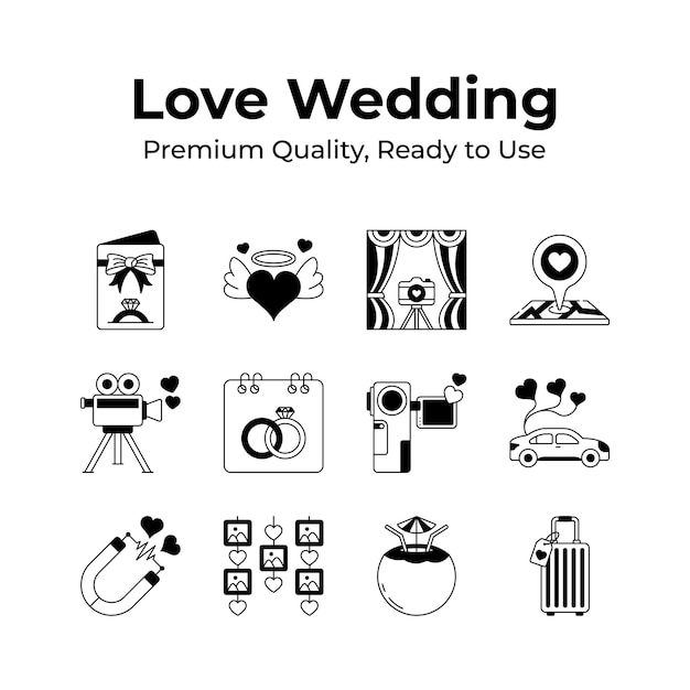 Coge este juego de íconos de amor y boda creativamente elaborado