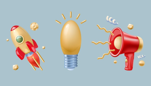 cohete 3d lámpara eléctrica megáfono rojo bombilla idea de negocio símbolos de inicio bombilla amarilla altavoz anunciar mensaje nave espacial invención creativa conjunto de iconos de renderización vectorial