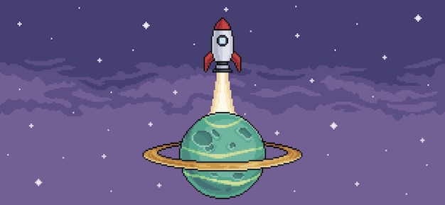 Cohete de arte de píxeles despegando del planeta saturno, fondo de espacio vectorial para juego de 8 bits