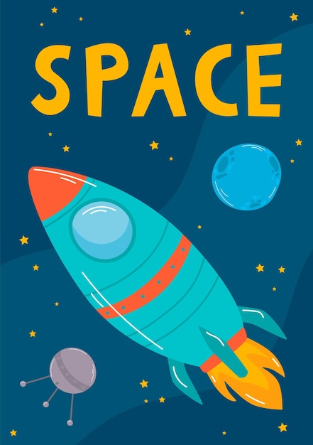 Cohete de dibujos animados en la ilustración de vector de fondo espacial Dibujo de nave espacial voladora simple Cohete ir a la luna desde la tierra