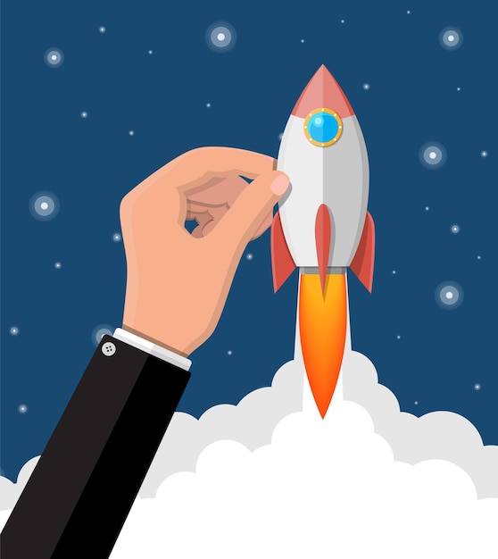 Cohete de dibujos animados en la mano del empresario. Despegue de la nave espacial. Concepto de inicio de negocios. ilustración en estilo plano