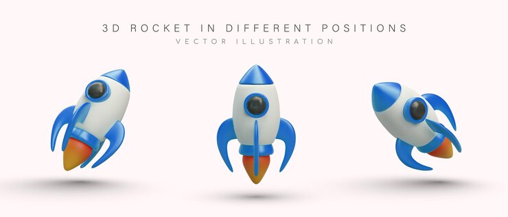 Vector cohete espacial 3d en diferentes posiciones nave espacial en vuelo