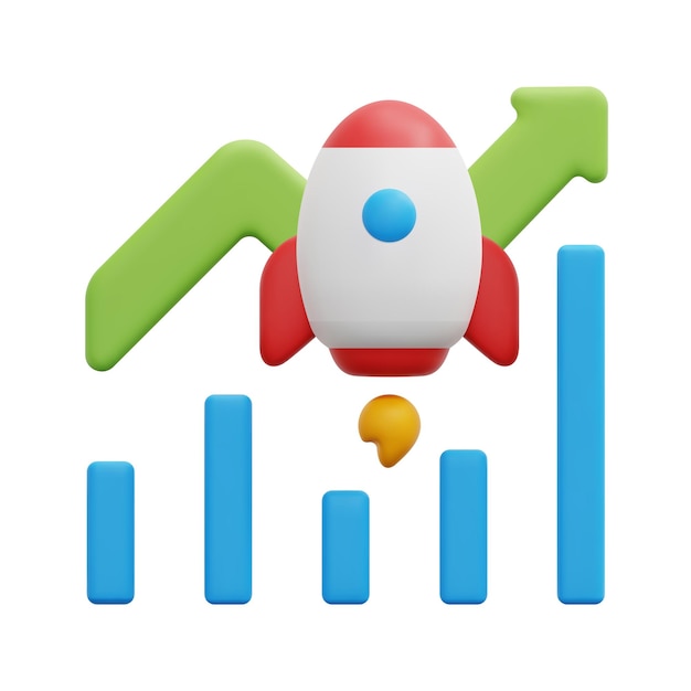 Cohete espacial 3d con gráfico y flecha arriba icono vector Aislado sobre fondo blanco Concepto de negocio y finanzas de inicio 3d Dibujos animados estilo minimalista 3d inversión icono vector render ilustración