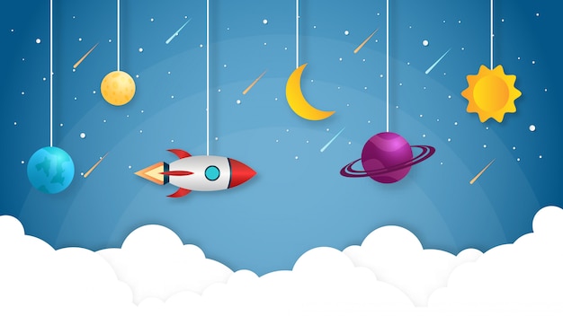 Cohete espacial con estrellas y meteoritos.