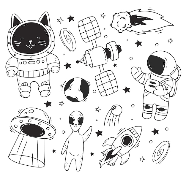 Cohete espacial nave espacial gato gente astronauta animal aislado conjunto diseño gráfico ilustración