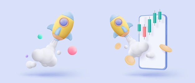 cohete espacial volador 3d con moneda de dinero en teléfono móvil lanzamiento de nave espacial en fondo azul espacio para el inicio de negocios y crecimiento estadísticas concepto de comercio ilustración vectorial de icono de cohete 3d