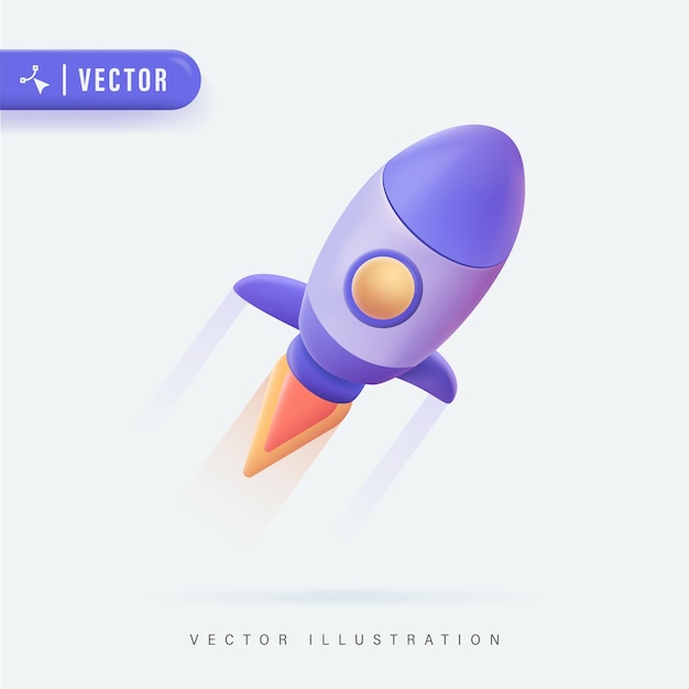 Vector cohete espacial volador 3d realista. lanzamiento de nave espacial. cohete 3d icono, logotipo o símbolo. nave del logotipo.