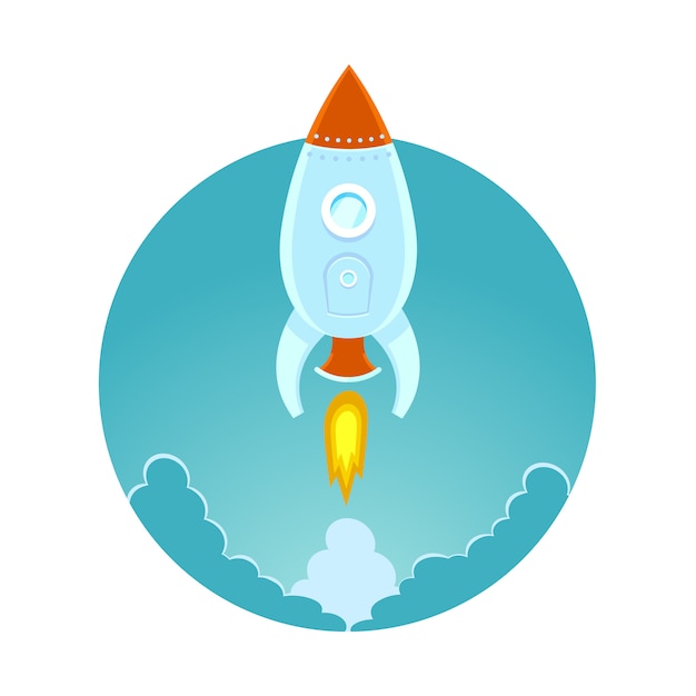 Cohete espacial volando en el cielo, ilustración en color