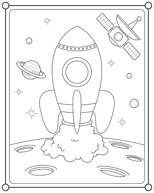 Vector cohete en el espacio adecuado para la ilustración de vector de página para colorear de los niños