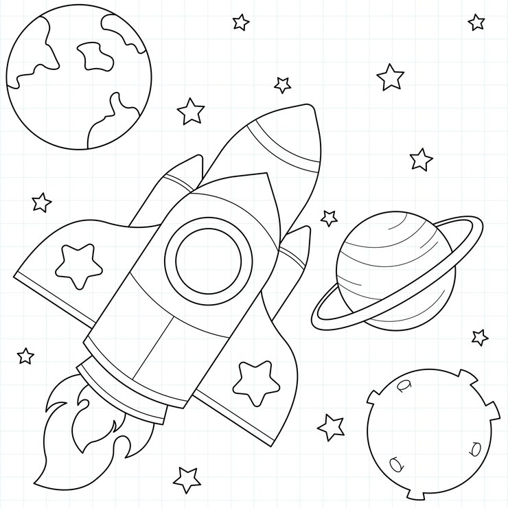 Vector cohete en el espacio adecuado para la ilustración de vector de página para colorear de los niños