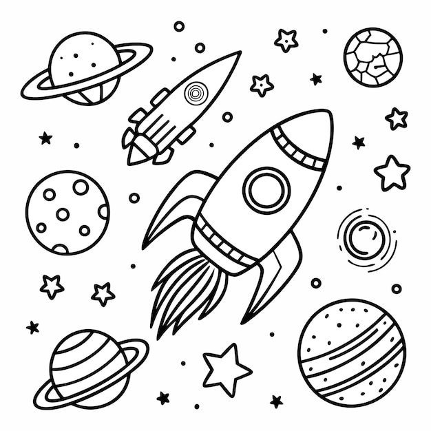 cohete en el espacio alrededor de los planetas página de colorear para niños