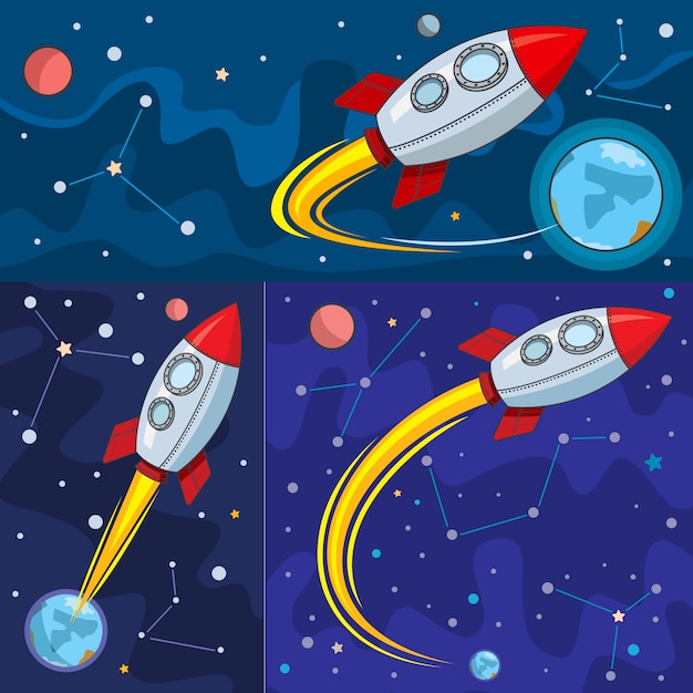 Vector cohete en el espacio, conjunto de 3 ilustraciones de dibujos animados en color. cohete en vuelo contra el fondo del planeta tierra, en el cielo oscuro estrellas, planetas, constelaciones