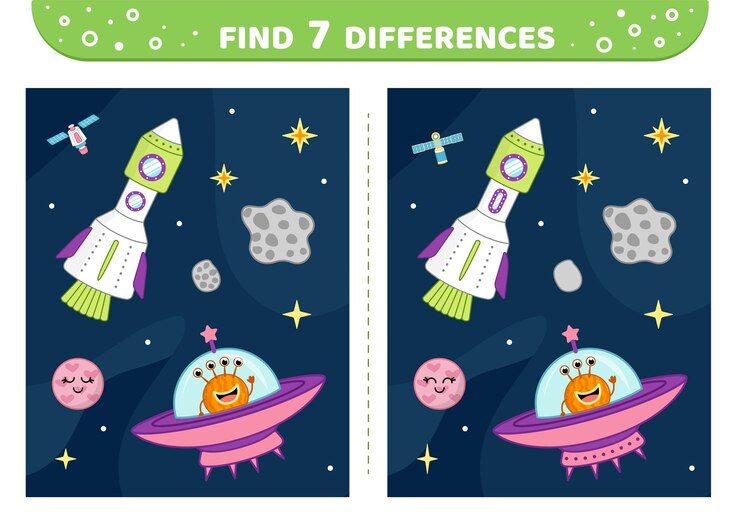 Vector cohete en el espacio planeta ufo encuentra 7 diferencias juego espacial vector de dibujos animados plano