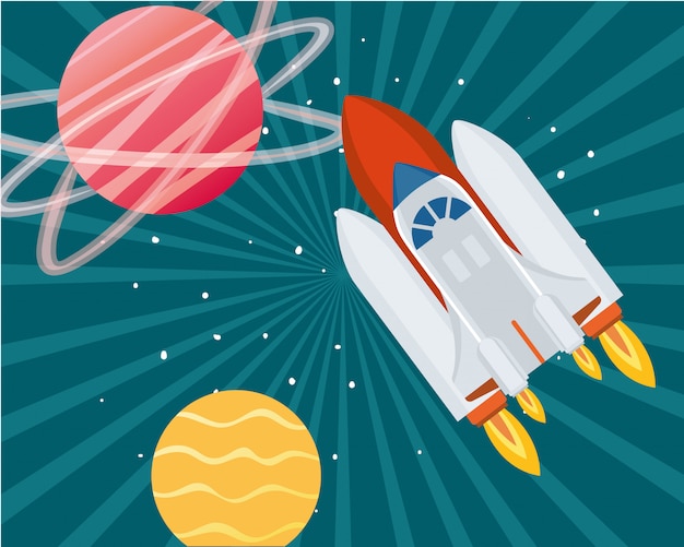 Cohete en el espacio con planetas del sistema solar.