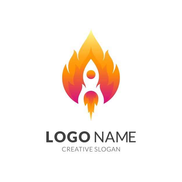 Cohete y fuego, logotipo de combinación con color rojo y amarillo 3d