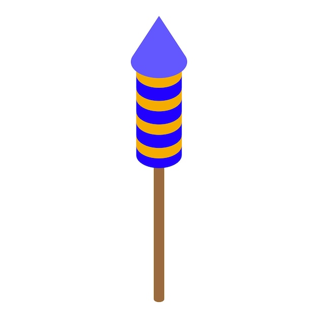 Un cohete de fuegos artificiales azul y amarillo de pie en un palo de madera