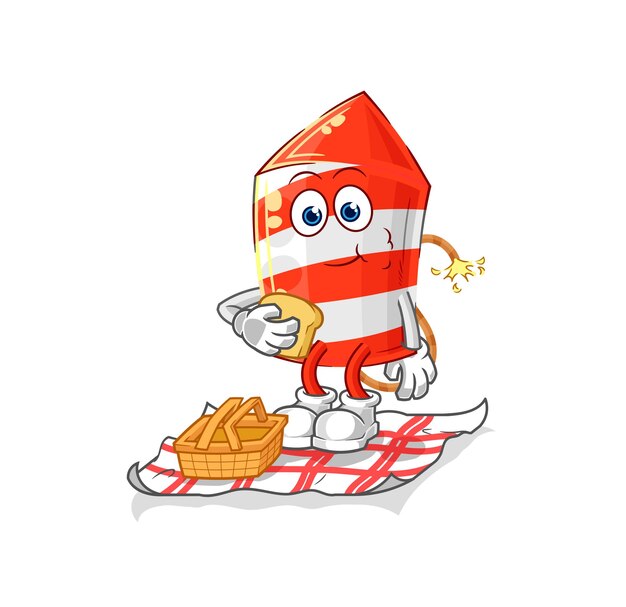Cohete de fuegos artificiales en un vector de mascota de dibujos animados de dibujos animados de picnic