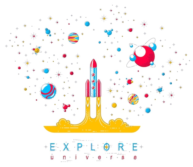 El cohete se inicia en el espacio para explorar una galaxia sin descubrir, rodeada de fantásticos planetas, estrellas y otros elementos. Descubre el universo, la ciencia espacial. Ilustración de vector 3d de línea delgada.