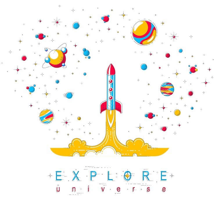 Vector el cohete se inicia en el espacio para explorar una galaxia sin descubrir, rodeada de fantásticos planetas, estrellas y otros elementos. descubre el universo, la ciencia espacial. ilustración de vector 3d de línea delgada.