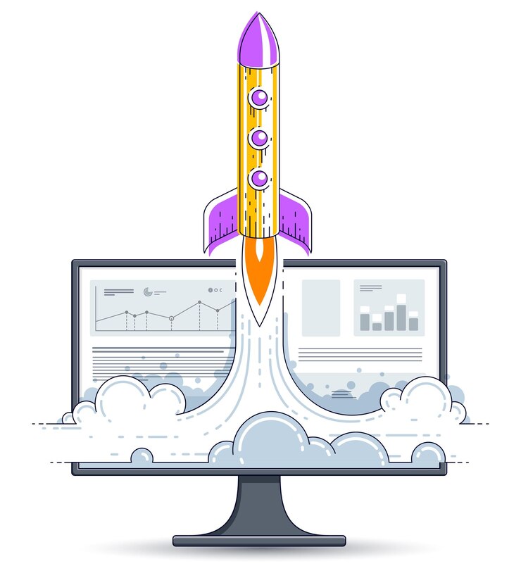 Vector el cohete de inicio despega sobre el monitor de la computadora, el cohete espacial que vuela el concepto de negocio de internet, las finanzas en línea, el mercado o la tienda, la ilustración vectorial.