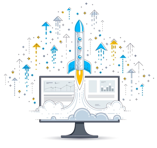 El cohete de inicio despega sobre el monitor de la computadora, el cohete espacial que vuela el concepto de negocio de Internet, las finanzas en línea, el mercado o la tienda, la ilustración vectorial.