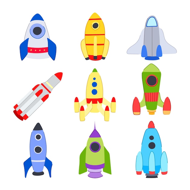 cohete juguete conjunto dibujos animados nave espacial lanzamiento ciencia futuro barco amarillo cohete juguete signo símbolo aislado ilustración vectorial