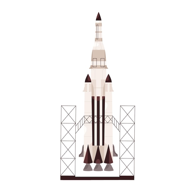 Cohete listo para lanzar, de pie en la estación. rocketship antes del despegue. ilustración de vector plano coloreado del transbordador espacial aislado sobre fondo blanco.