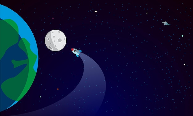 Cohete a la Luna ilustración plana con espacio de copia Un cohete de dibujos animados vuela sobre el planeta a un satélite en el espacio