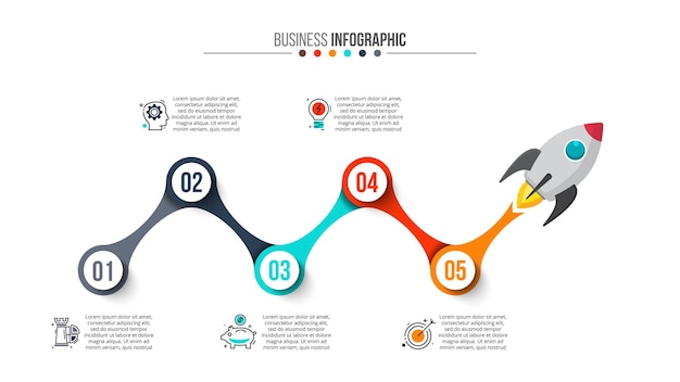 Cohete volador con llama Ilustración infográfica vectorial con opciones de 5 pasos partes o procesos