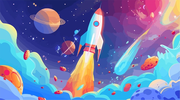 un cohete volando por el espacio con planetas y planetas