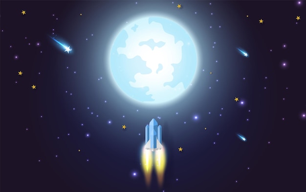 Cohete volando en la estrella a la luna llena Ilustración de diseño de estilo artesanal y arte en papel para el concepto de inicio de negocios en el fondo de la noche oscura para afiches o pancartas Lanzamiento de cohetes espaciales y galaxia