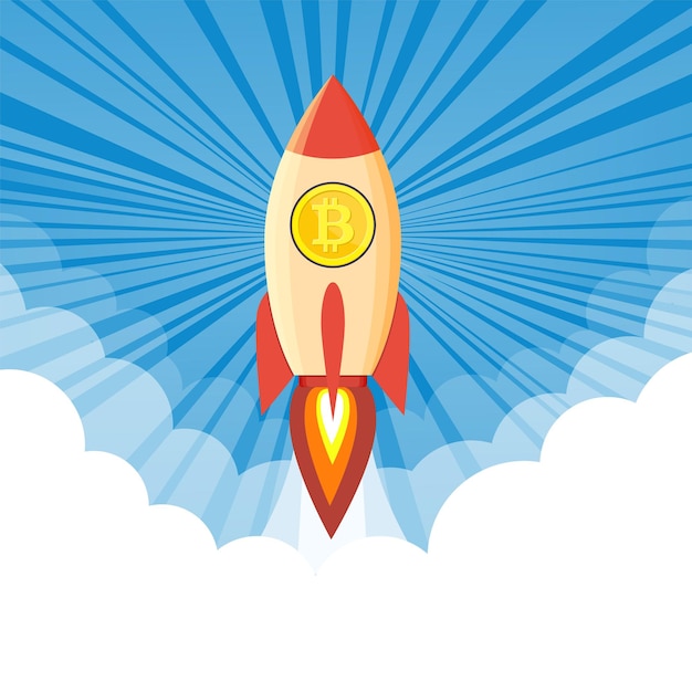 cohete volando sobre nubes con icono de bitcoin Ilustración vectorial en estilo plano