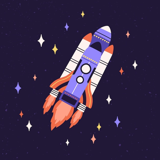 Cohete vuela en el espacio ultraterrestre entre las estrellas. rocketship con llamas de fuego volando en el cosmos. nave espacial viajando en el universo. nave espacial intergaláctica infantil. ilustración vectorial plana del transbordador galáctico