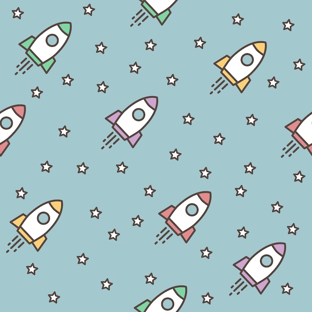 Cohetes espaciales y estrellas Patrón sin costuras con naves espaciales Fondo Cosmos Ilustración vectorial