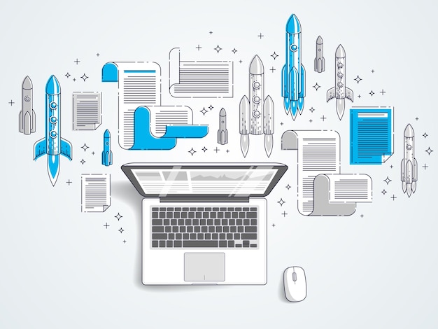 Los cohetes de inicio despegan sobre la computadora portátil, los cohetes espaciales que vuelan el concepto de negocio de Internet, las finanzas en línea, el mercado o la tienda, la ilustración vectorial.