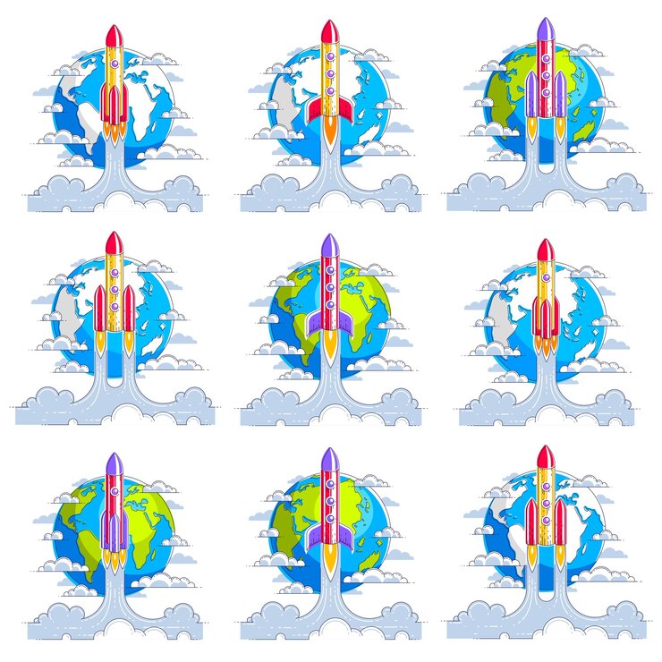 Vector los cohetes se lanzan sobre el planeta tierra hacia el espacio desconocido. explora el universo, la ciencia espacial impresionante. conjunto de ilustraciones vectoriales 3d de línea delgada aisladas en blanco.