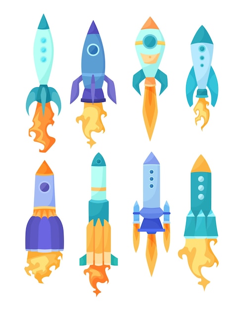 Cohetes reactivos disparando llamas y colección de dibujos animados de fuego. Misiles coloridos despegando, lanzamiento de nave espacial con chorro de vapor naranja aislado sobre fondo blanco. Vuelo, concepto de velocidad