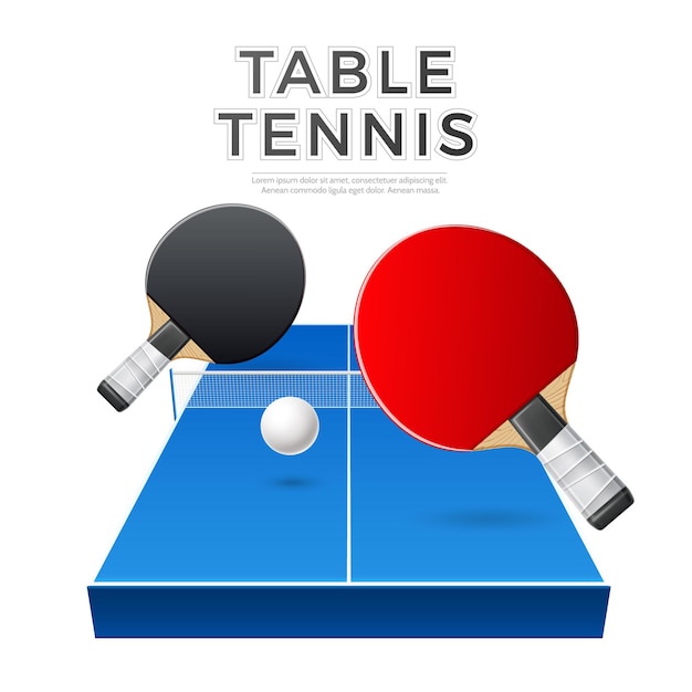 Cohetes de tenis de mesa realistas con pelota y mesa.