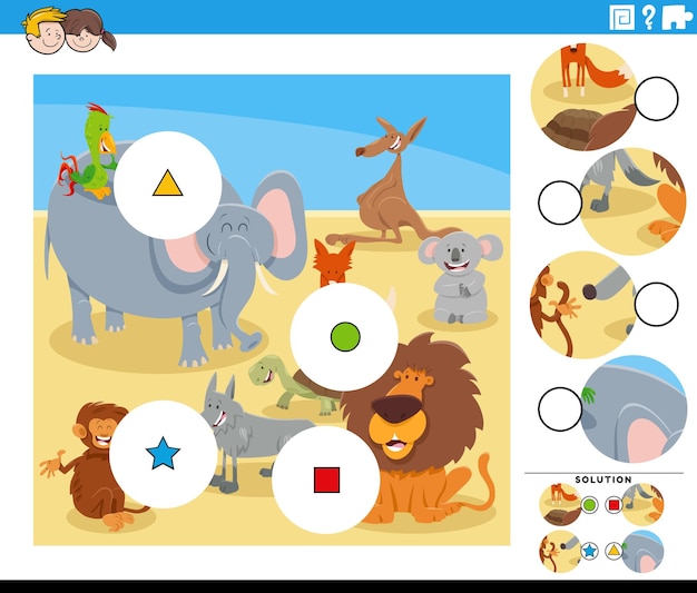 Vector coincide con el juego de piezas con animales salvajes de dibujos animados