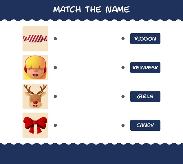 Coincide con el nombre de la navidad de dibujos animados. juego de correspondencias. juego educativo para niños y niños pequeños en edad preescolar.