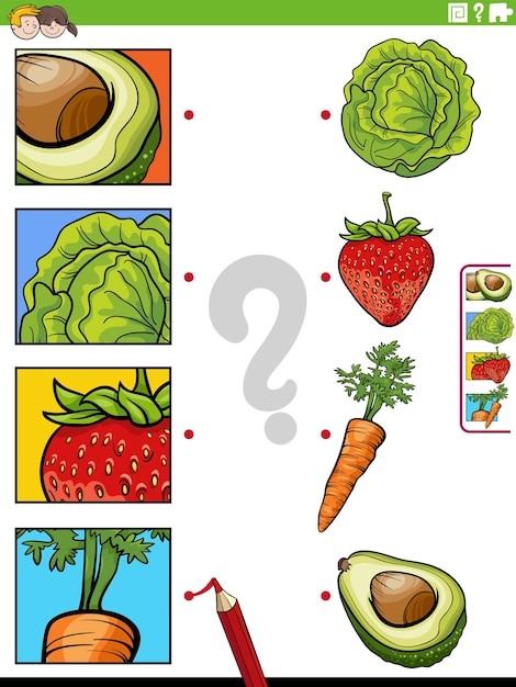 Coincide con la tarea educativa de frutas y verduras de dibujos animados y recortes