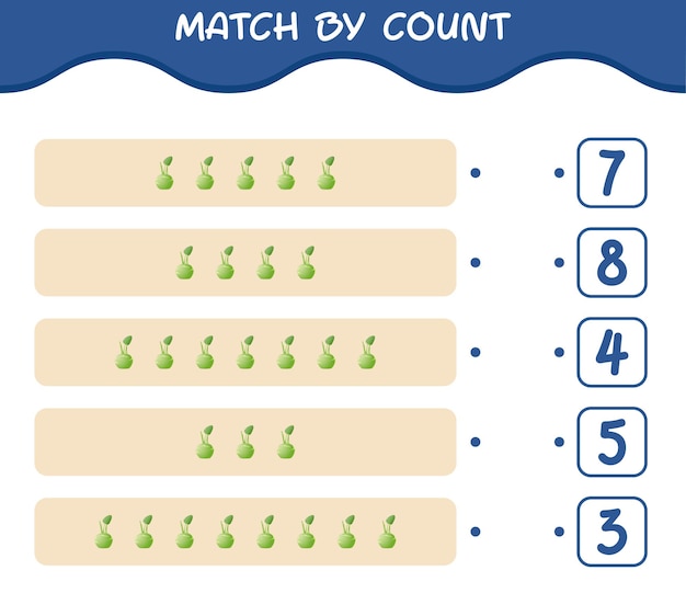 Coincidencia por conteo de colirrábano de dibujos animados. Juego de unir y contar. Juego educativo para niños y niños pequeños en edad preescolar.