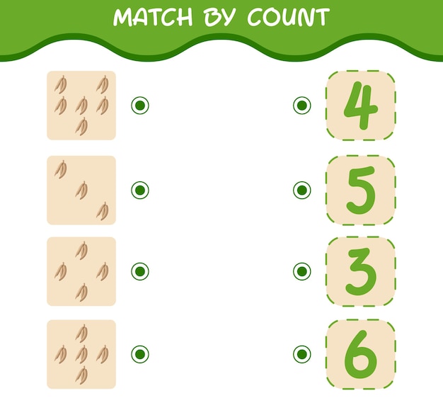 Coincidencia por conteo de mandioca de dibujos animados. Emparejar y contar juego. Juego educativo para niños y niños pequeños en edad preescolar.