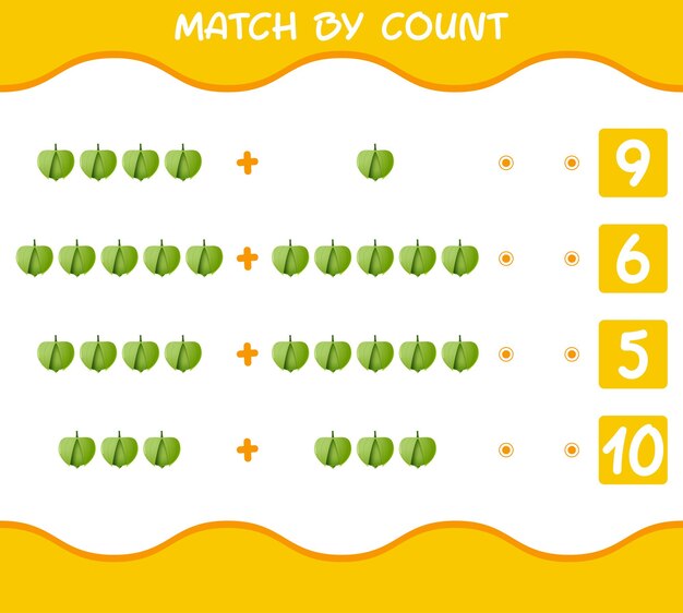 Coincidencia por conteo de tomatillo de dibujos animados. Emparejar y contar juego. Juego educativo para niños y niños pequeños en edad preescolar.