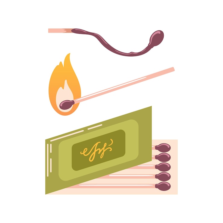 Vector coincidencias conjunto de ilustraciones vectoriales coincidencia ardiente con fuego caja de cerillas abierta coincidencia quemada aislada