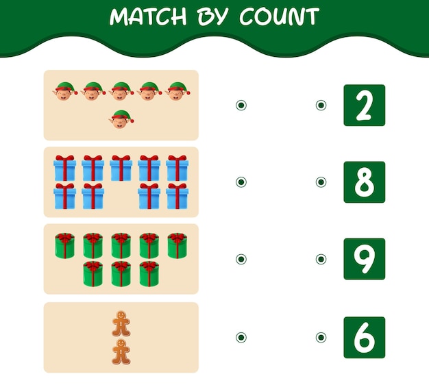 Coincidir por conteo de dibujos animados de Navidad. . Emparejar y contar juego. Juego educativo para niños y niños pequeños en edad preescolar.
