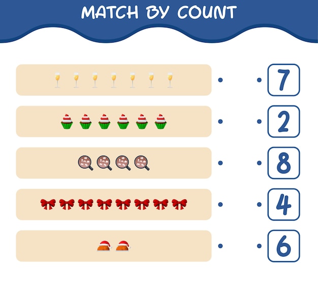 Coincidir por conteo de dibujos animados de Navidad. . Emparejar y contar juego. Juego educativo para niños y niños pequeños en edad preescolar.