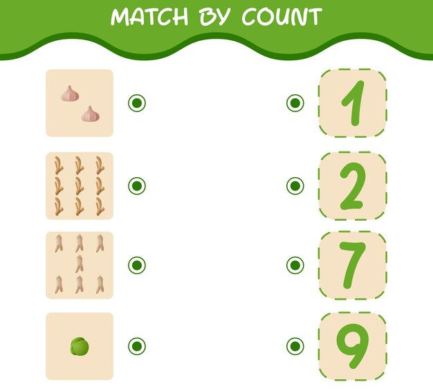Coincidir por conteo de verduras de dibujos animados. Emparejar y contar juego. Juego educativo para niños y niños pequeños en edad preescolar.