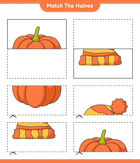 Vector coincidir con las mitades coincidir con las mitades de calabaza y sombrero juego educativo para niños hoja de cálculo imprimible ilustración vectorial